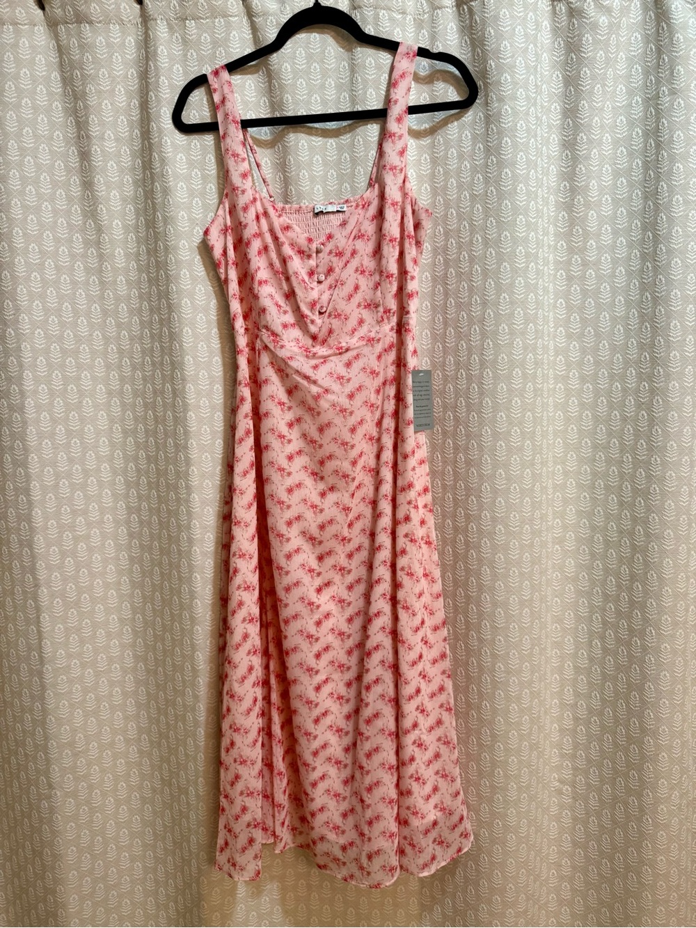 Lush Pink Floral Midi Dress with Sweetheart Neckline